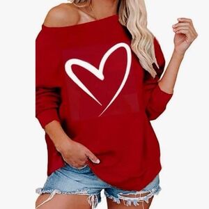 Roshop‎ Valentines Day Red Heart Off Shoulder Slouchy Sweatshirt XXL
